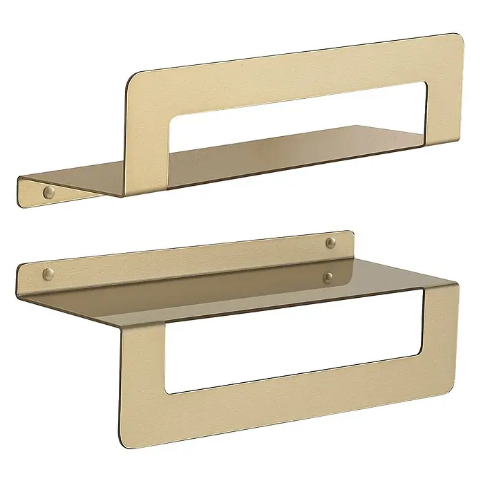 KV Duschablage mit Handtuchhalter 30 cm mattgold | Camelia -  - Zwei Wandregale aus gebürstetem Goldmetall für minimalistischen Stauraum.