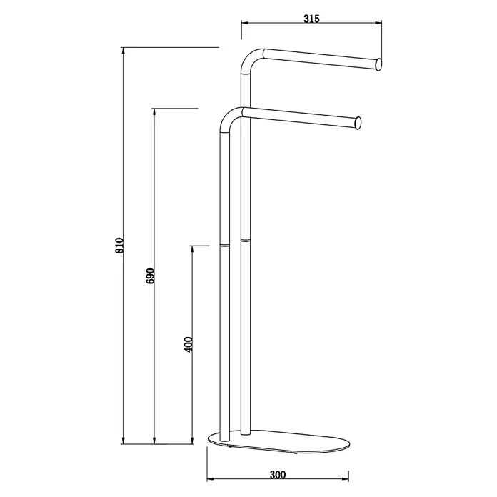 KV Handtuchständer in Schwarz, zweiarmig -  - Maßzeichnung eines freistehenden Handtuchhalters aus Metall mit zwei Stangen und ovalem Fuß. Maximale Höhe 810mm, Breite 315mm, Tiefe 300mm.