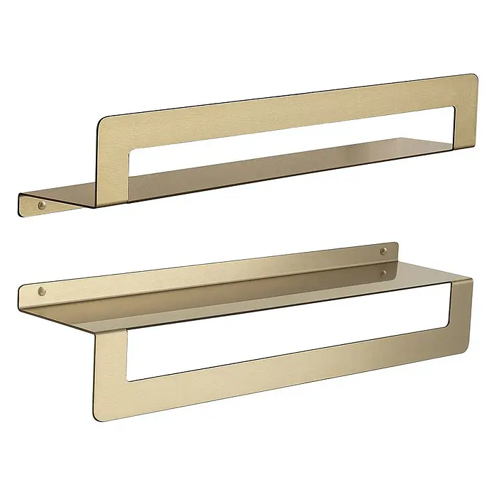 KV Duschablage mit Handtuchhalter 50 cm mattgold | Camelia -  - Zwei minimalistische Wandregale aus goldfarbenem Metall, mit flacher Ablagefläche und unterer Schiene.
