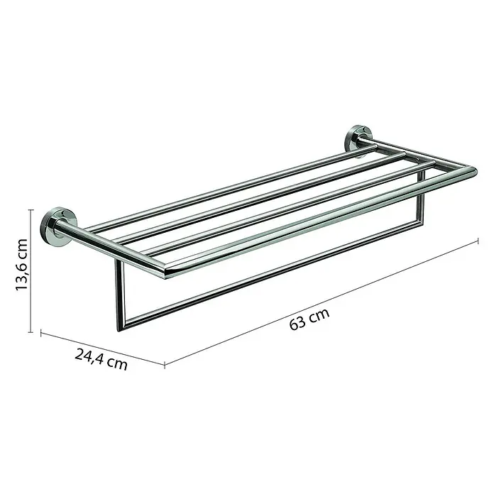 KV Doppelte Handtuchablage aus poliertem Edelstahl | Loto -  - Glänzender, wandmontierter Handtuchhalter aus Chrom mit Ablage und Handtuchstange. Maße: 63x24.4x13.6 cm.