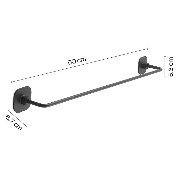 KV 60cm schwarze Handtuchstange – Edelstahl | Timo -  - Schwarzer Wandhandtuchhalter aus Metall, 60 cm lang, 5,3 cm tief, mit 6,7 cm großen quadratischen Montageplatten.