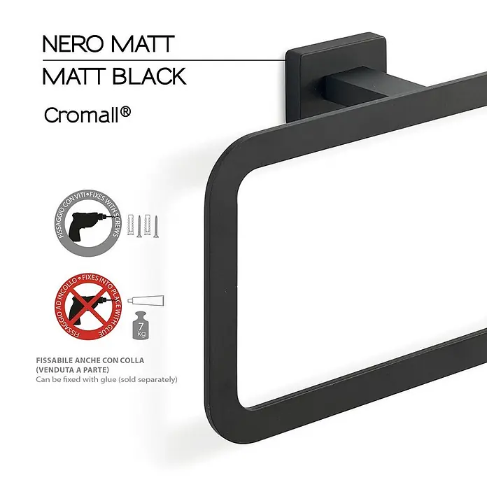 KV Schwarzer Handtuchring, matte ausführung | Atene -  - Mattschwarzer rechteckiger Handtuchhalter, mit Schrauben oder Kleber befestigbar.