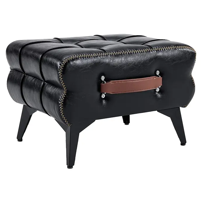 SONNENH Fußhocker mit Tragegriff, Schwarz, 43 x 33 x 30 cm -  - Schwarzer getufteter Lederhocker mit kontrastierenden Goldnähten, braunem Griff und schwarzen Metallbeinen.