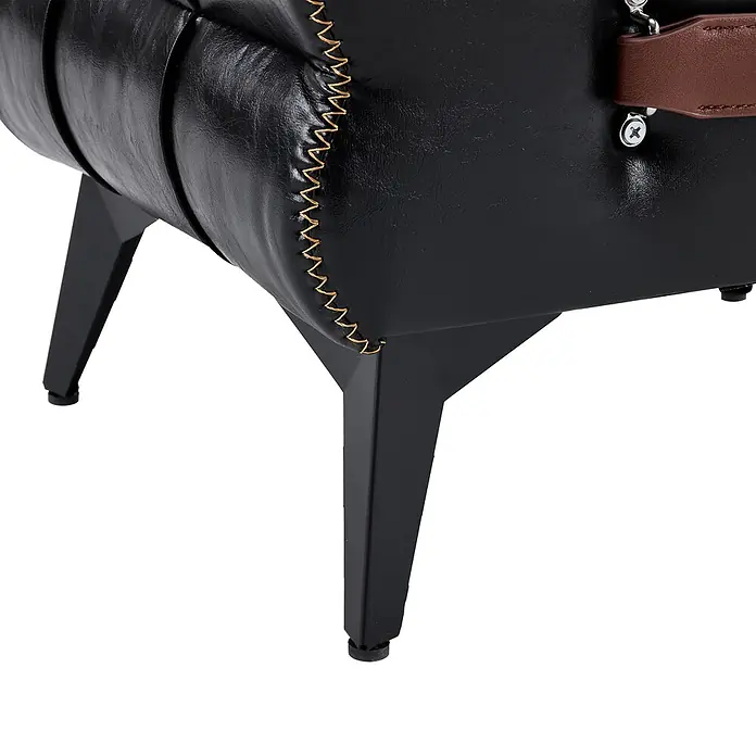 SONNENH Fußhocker mit Tragegriff, Schwarz, 43 x 33 x 30 cm -  - Schwarzes Kunstledermöbel mit goldener Naht, schwarzen Beinen und braunem Griff.