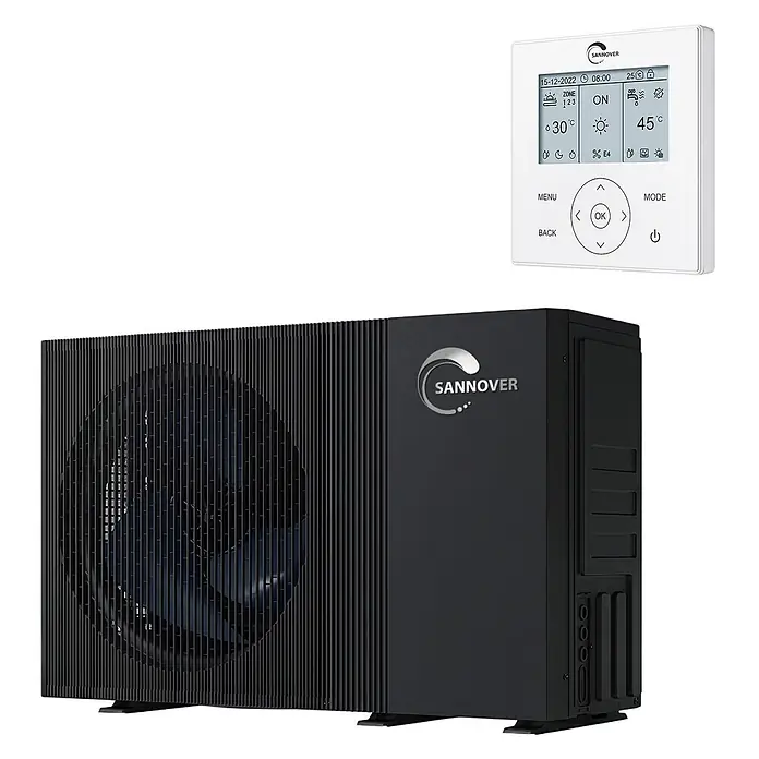 Nevodezia 14 kW Monoblock Wärmepumpe reversibel 1-phasig Sannover -  - Schwarze Sannover Wärmepumpe mit Lüfter und weißem Digital-Bedienfeld zur Temperaturanzeige.