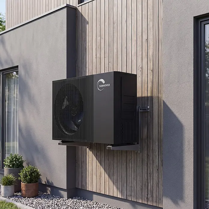 Nevodezia 14 kW Monoblock Wärmepumpe reversibel 1-phasig Sannover -  - Eine schwarze SANNOVER Luftwärmepumpe, installiert an der Seite eines modernen Hauses.