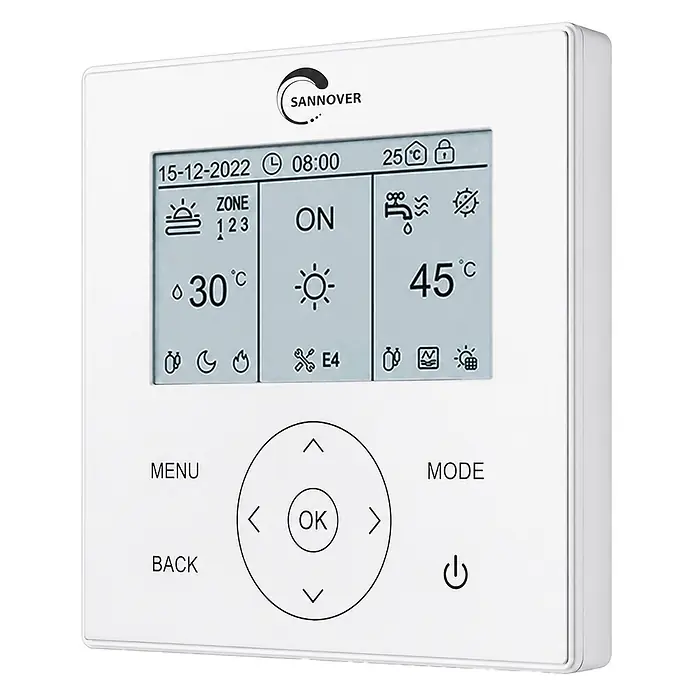 Nevodezia 4 kW Monoblock Wärmepumpe reversibel 1-phasig Sannover -  - Weißes Sannover digitales Thermostat/Bedienfeld mit Anzeige für Datum, Uhrzeit, Temperaturen und Modus, sowie Navigationstasten.