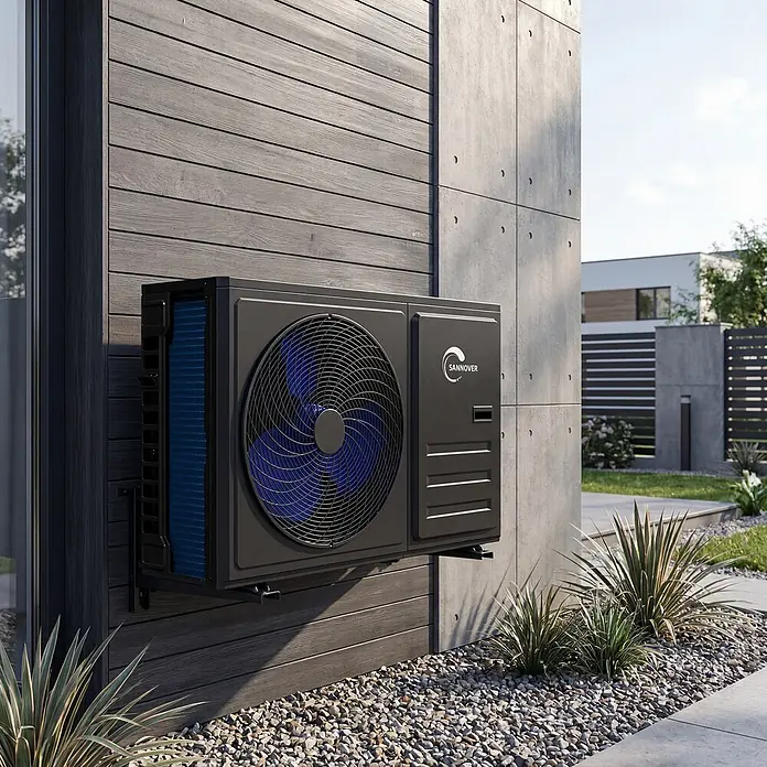 Nevodezia 4 kW Monoblock Wärmepumpe reversibel 1-phasig Sannover -  - Schwarze Außenwärmepumpe mit blauem Lüfter an moderner Hauswand montiert.
