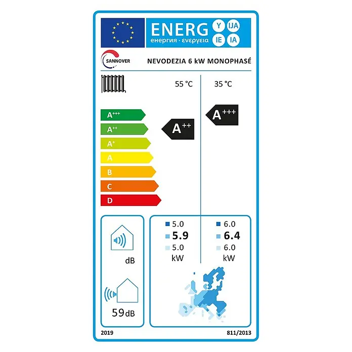 Nevodezia 6 kW Monoblock Wärmepumpe reversibel 1-phasig Sannover -  - Energielabel für Sannover Nevodezia 6 kW Monophasé Heizgerät, zeigt A+++ Effizienz, Leistung und 59 dB Geräuschpegel.