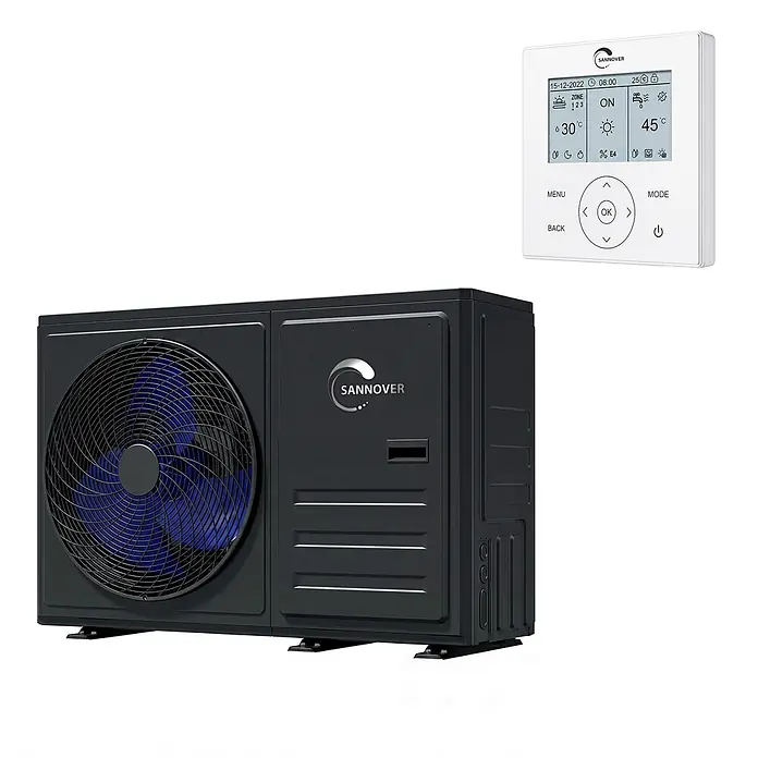 Nevodezia 4 kW Monoblock Wärmepumpe reversibel 1-phasig Sannover -  - Schwarze Außenwärmepumpe mit blauem Ventilator und weißem Digitalbedienfeld für Temperatureinstellungen.