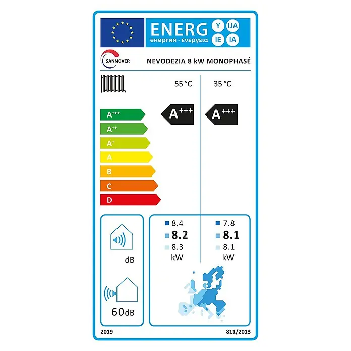 Nevodezia 8 kW Monoblock Wärmepumpe reversibel 1-phasig Sannover -  - EU-Energielabel für ein NEVODEZIA 8 kW MONOPHASÉ Heizgerät mit Effizienzklasse A+++, 60dB Geräusch und kW-Leistung.
