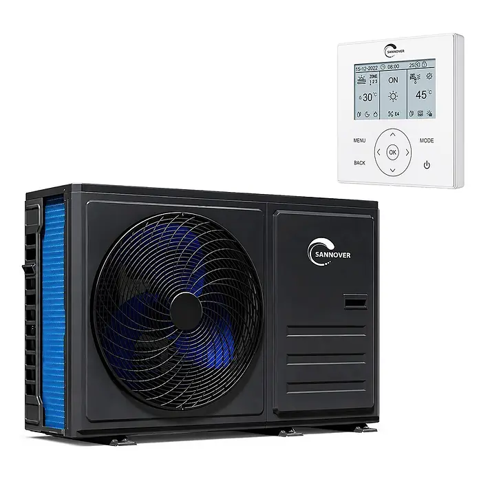 Nevodezia 4 kW Monoblock Wärmepumpe reversibel 1-phasig Sannover -  - Schwarzes Außengerät einer Wärmepumpe mit blauen Lamellen und Lüftergitter, dazu eine weiße Digitalsteuerung.