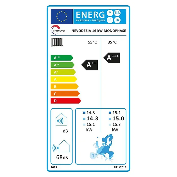 Nevodezia 16 kW Monoblock Wärmepumpe reversibel 1-phasig Sannover -  - Energielabel für Sannover Nevodezia 16 kW Monophase Heizgerät, A+++ für 55°C und 35°C, 68 dB Innengeräuschpegel.