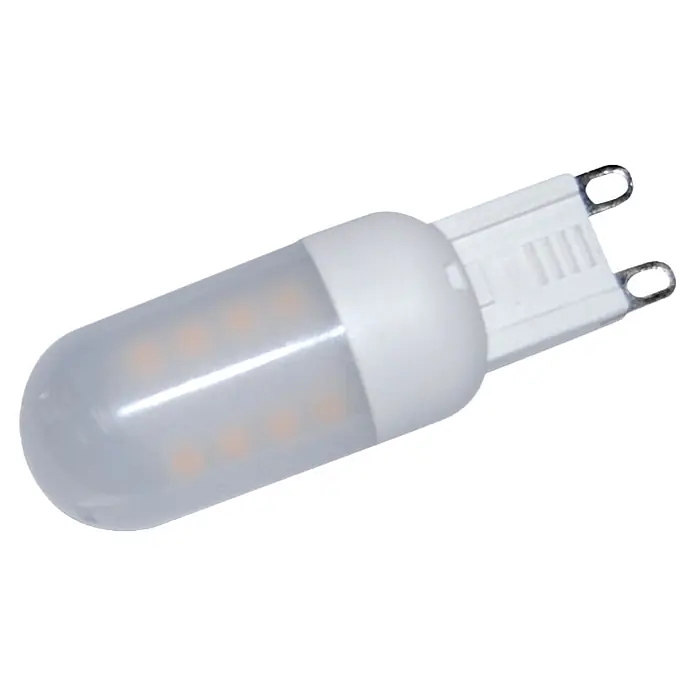 Voltolux Bombilla LED - G9, No regulable, Blanco cálido, 245 lm, 3 W - Primer plano de una lámpara LED G9 con base de pines y carcasa blanca. Ideal para soluciones de iluminación de bajo consumo.