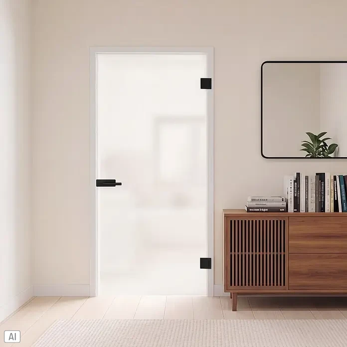 Diamond Doors Black Edition Glastürbeschlag Style Premium WC - Schwarz, Bandbohrung/Bänder: Office 3-teilig, WC-Schloss - Milchglas-Pendeltür mit moderner schwarzer Beschläge in hellem Raum.