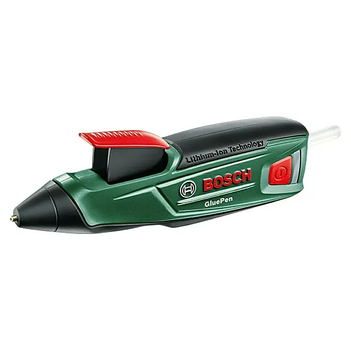 Bosch Akku-Heißklebestift GluePen - 3,6 V, Li-Ionen, 1,5 Ah, Durchmesser Klebepatrone: 7 mm - Das Bild zeigt einen Bosch GluePen Heißklebestift in Grün und Schwarz, ein praktisches Werkzeug für Hobbybastler und Profis.