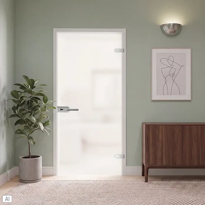 Diamond Doors Glastürbeschlag Sky PZ - Edelstahloptik, Bandbohrung/Bänder: Studio 2-teilig, Verschließbar - Weiße, mattierte Glastür mit elegantem silbernem Griff in hellem Rahmen.