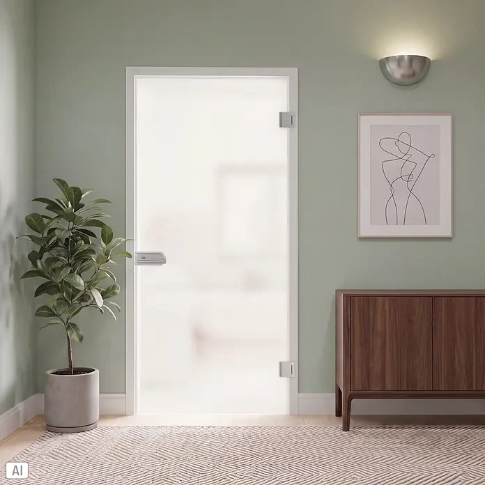 Diamond Doors Glastürbeschlag Sky UV - Edelstahloptik, Bandbohrung/Bänder: Office 3-teilig, Unverschließbar - Eine moderne Milchglastür mit silbernen Beschlägen und hellem Rahmen, die als Raumteiler dient.