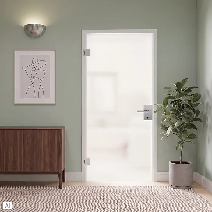 Diamond Doors Glastürbeschlag Quattro - Edelstahl matt, Bandbohrung/Bänder: Office 3-teilig, DIN Anschlag: Links - Milchglas-Tür mit eleganten silbernen Scharnieren, Griff und Schloss in einem modernen Raum.
