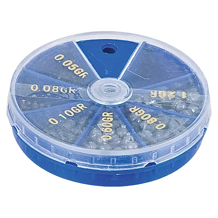 Westline Bleischrotsortiment XL - 120 g - Eine runde, blaue Sortierbox mit verschiedenen Größen von Schrotbleien, beschriftet mit Gewichtsangaben für präzises Angeln.