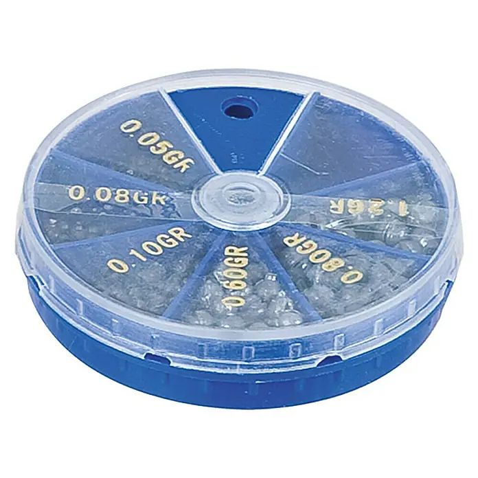 Westline Bleischrotsortiment XL - 120 g - Eine runde, blaue Sortierbox mit verschiedenen Größen von Schrotbleien, beschriftet mit Gewichtsangaben für präzises Angeln.