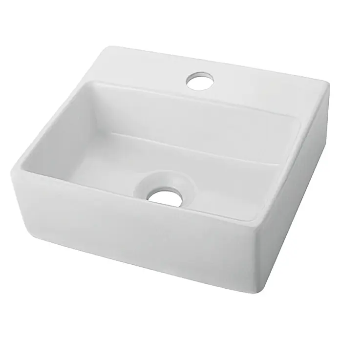 Camargue Waschbecken El Hierro - B x L: 33,5 x 29,5 cm, Ohne Spezialglasur, Hahnloch: Mitte, Ohne Überlauf, Weiß - Nahaufnahme eines modernen, quadratischen, weißen Aufsatzwaschbeckens mit Hahnloch und Ablauf für Badezimmer.