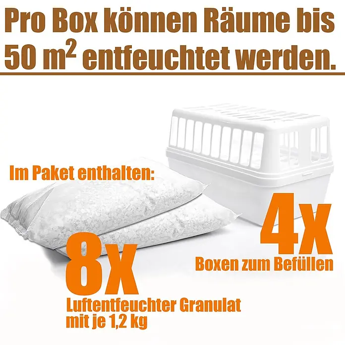 BigDean Luftentfeuchter 1200 g -  - 4 weiße Entfeuchterboxen und 8 Beutel mit 1,2 kg Granulat. Jede Box entfeuchtet Räume bis 50 m².
