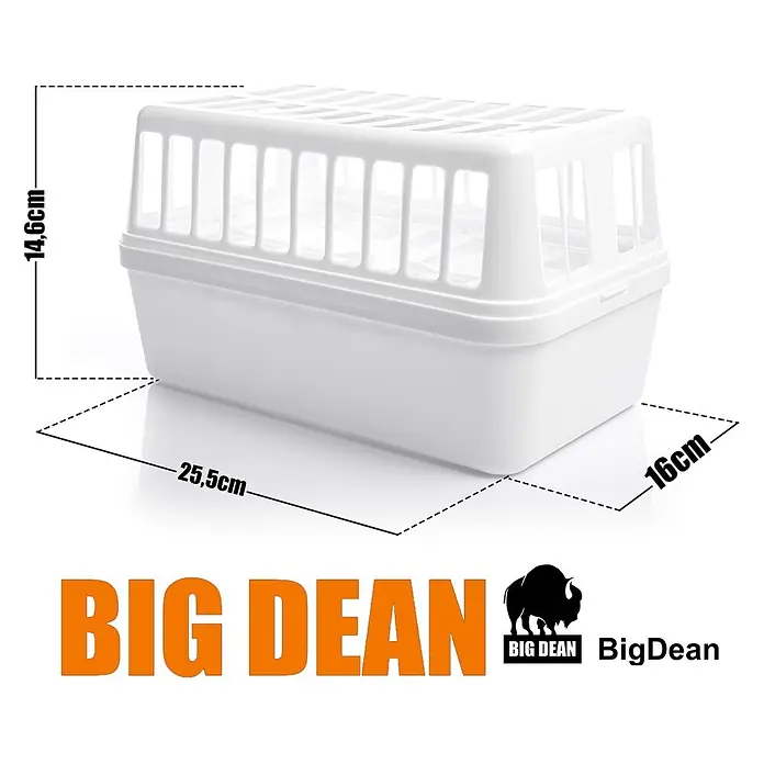 BigDean Luftentfeuchter 1200 g -  - Weiße Kunststoff-Transportbox für Kleintiere mit Lüftungsschlitzen und Maßen.