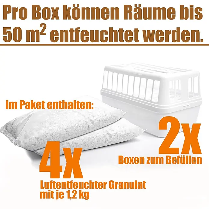 BigDean Luftentfeuchter 1200 g -  - Zwei weiße Luftentfeuchterboxen aus Kunststoff mit vier 1,2-kg-Beuteln Entfeuchtergranulat für Räume bis 50 m².