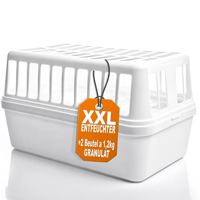 BigDean Luftentfeuchter 1200 g -  - Weiße Kunststoff-XXL-Entfeuchterbox mit orangefarbenem Etikett für 2x 1,2kg Granulatbeutel.