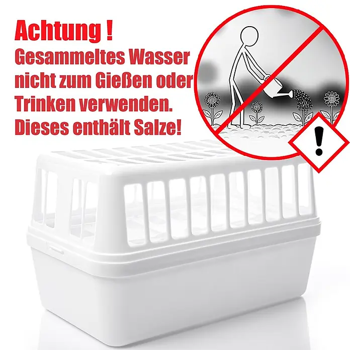 BigDean Luftentfeuchter 1200 g -  - Weißer Kunststoffbehälter mit Lamellenabdeckung. Warnung: Gesammeltes Wasser enthält Salze, nicht zum Gießen oder Trinken verwenden.
