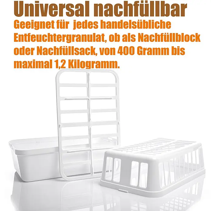 BigDean Luftentfeuchter 1200 g -  - Weiße Kunststoffteile für einen nachfüllbaren Luftentfeuchter: Behälter, Gittereinsatz und Gitterabdeckung.