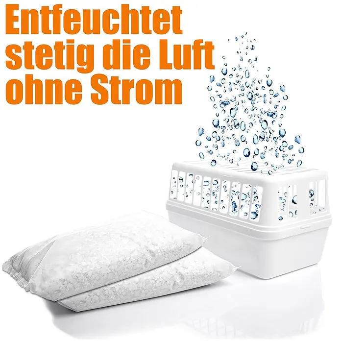 BigDean Luftentfeuchter 1200 g -  - Weißer Luftentfeuchterbehälter mit Gitterdeckel und zwei Nachfüllbeutel mit Granulat. Wassertropfen symbolisieren die Entfeuchtung.