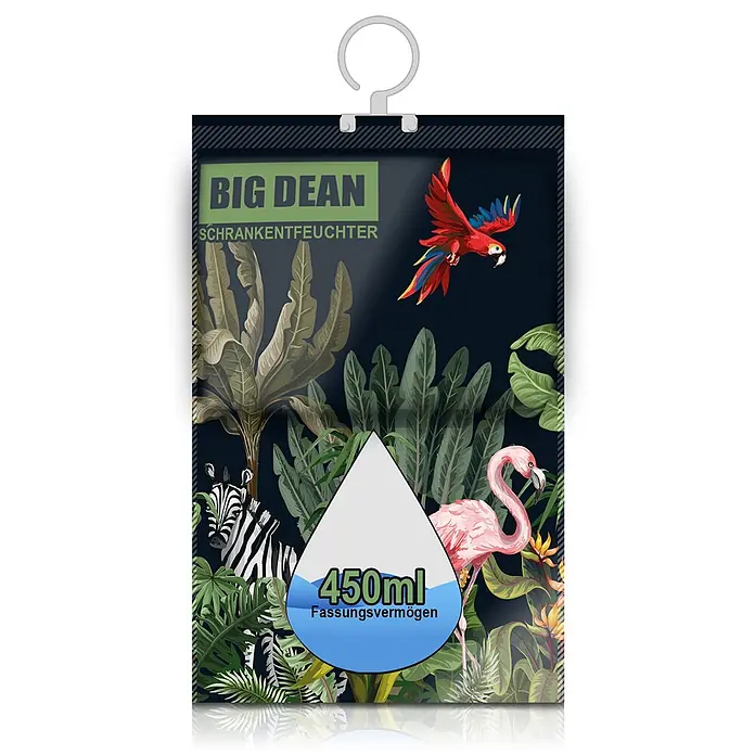 BigDean Luftentfeuchter-Set 20Stk, Merhfarbig -  - Hängender Schrankentfeuchter mit tropischem Design, das Papagei, Flamingo und Zebra zeigt. Er hat ein Fassungsvermögen von 450 ml und einen grauen Haken.