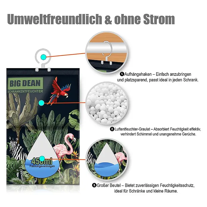 BigDean Luftentfeuchter-Set 20Stk, Merhfarbig -  - Tropische BIG DEAN Entfeuchterbeutel mit Aufhänger, zeigt absorbierende Granulate und gesammeltes Wasser, ideal für Schränke.