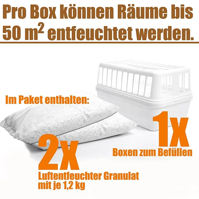 BigDean Luftentfeuchter 1200 g -  - Weiße Entfeuchterbox mit zwei 1,2kg Granulat-Nachfüllpackungen. Für Räume bis zu 50 m².