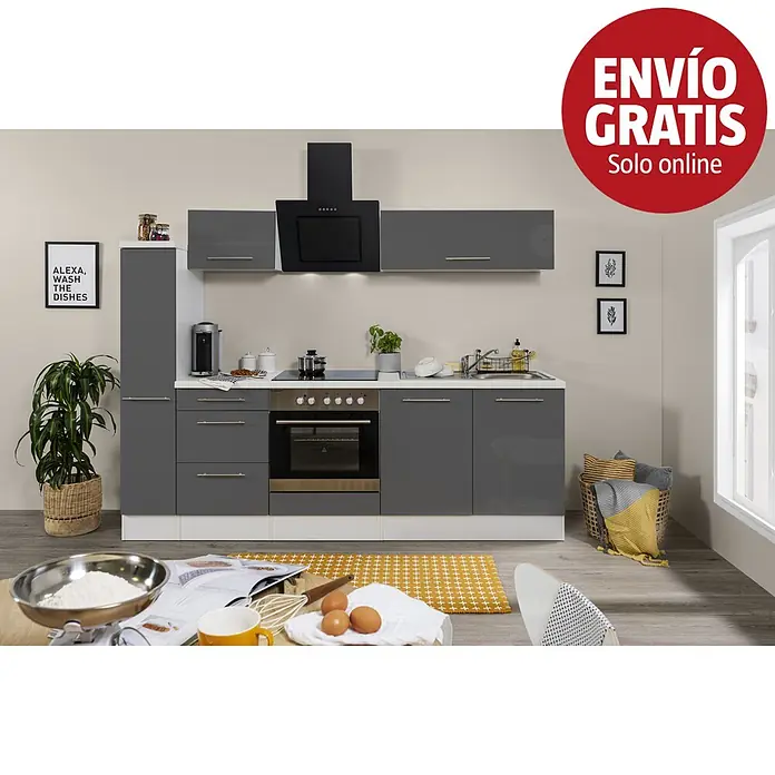 Respekta Premium Composición de cocina Amanda Alto - Ancho: 240 cm, Blanco/Gris, Con electrodomésticos - Mueble de cocina moderno con armarios grises brillantes, encimera blanca, placa, horno y campana extractora negros en un ambiente contemporáneo.