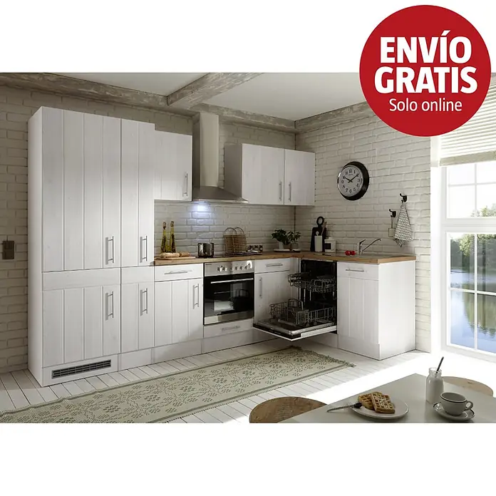 Respekta Premium Cocina esquinera Anton - An x Pr: 310 x 172 cm, Blanco, Con electrodomésticos - Cocina modular blanca con armarios efecto madera, encimeras de madera, horno, vitrocerámica y lavavajillas integrados.