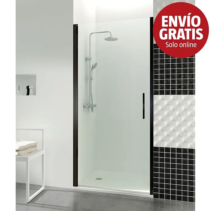 GME Mampara de ducha frontal Open Combi B - 65 x 195 cm, Vidrio transparente, Negro - Mampara de ducha de cristal transparente con marco oscuro y rociador.