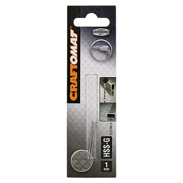 Craftomat Metallbohrer - 2 Stk., Durchmesser Bohrer: 1 mm, Arbeitslänge: 12 mm - Produktbild einer 1 mm CRAFTOMAT HSS-G Metallbohrer Verpackung, ideal für präzise Bohrarbeiten in Metall.