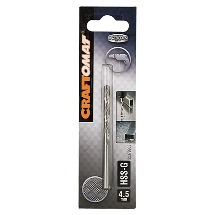 Craftomat Metallbohrer - Durchmesser Bohrer: 4,5 mm, Arbeitslänge: 47 mm - Verpackung eines Craftomat HSS-G Metallbohrers, 4,5 mm Durchmesser, für präzise Bohrlöcher in Metall.