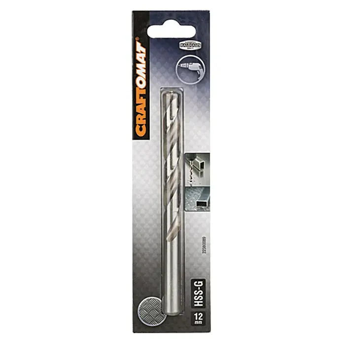 Craftomat Metallbohrer - Durchmesser Bohrer: 12 mm, Arbeitslänge: 101 mm - Nahaufnahme eines Craftomat HSS-G Metallbohrers, 12 mm, verpackt. Ideal für präzise Bohrungen in Metall und Stahl.