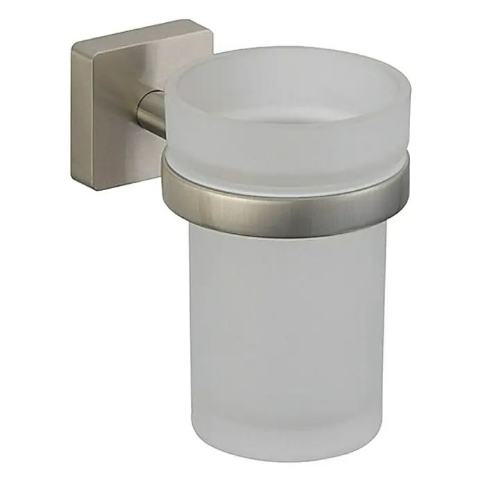 Lenz Sky Zahnputzbecher - Mit Halterung, Nickel, Matt - Nahaufnahme eines matten Glas-Zahnputzbechers mit einer Halterung aus gebürstetem Nickel zur Wandmontage im Badezimmer.