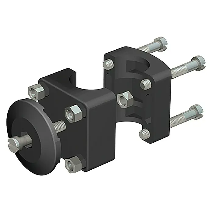 Relingkonnektor - 25 mm, Kunststoff - Schwarze Halterung mit Schrauben und Muttern, die ein robustes Design und sicheren Halt für verschiedene Anwendungen bietet.