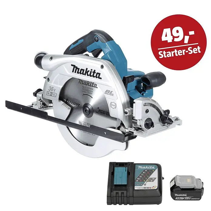 Makita LXT 18V Maschinen-Set - Akku-Handkreissäge DHS900ZU, Ladegerät & 3 Ah Akku - Silber-blaue Makita Akku-Kreissäge mit Ladegerät und Akku als Starter-Set.