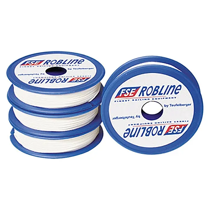 Robline Cabo para aparejos - Ø x L: 1,4 mm x 32 m, Poliéster, Blanco - Rollos de cuerda blanca FSE Robline para equipamiento de navegación, apilados e individuales, con borde azul.