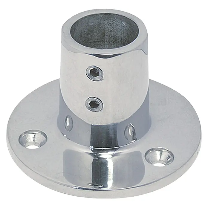 Relingfuß - Neigungswinkel: 90 °, Durchmesser: 25 mm, Edelstahl, A4 - Ein glänzender, runder Relingfuß aus Edelstahl mit Löchern und Schrauben zur sicheren Befestigung von Relingpfosten.