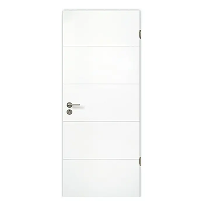 Kilsgaard Wohnungseingangstür Lines 57/14 SK1 KK2 - Klimaklasse nach RAL: II, 860 x 1.985 mm, DIN Anschlag: Rechts, Weiß lackiert, ähnlich RAL 9010 - Eine moderne, weiße Innentür mit horizontalen Linien und einem eleganten Türgriff. Sie ist ideal für moderne Wohnräume.