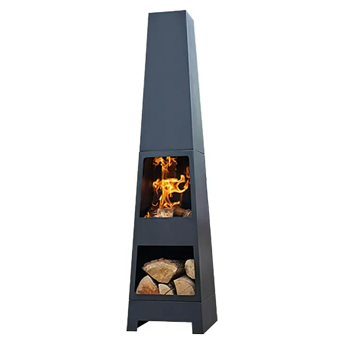Buschbeck Chimenea para jardín Malmö - 36 x 36 x 150 cm, Acero, Recubrimiento en polvo - Chimenea negra moderna con almacenamiento de leña y fogata para uso exterior, ideal para noches acogedoras.
