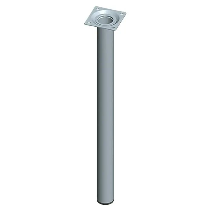 Element System Pata para muebles - Ø x Al: 3 x 50 cm, Capacidad de carga: 50 kg, Acero, Acero inoxidable - Vista del producto de un soporte de pata de mesa plateado con una placa de montaje cuadrada. El soporte es elegante y cilíndrico.